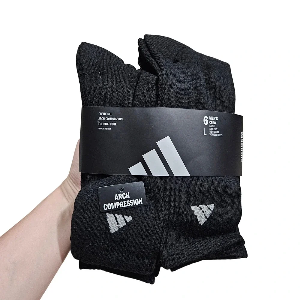 Adidas Crew Socks Mens Large Black 6 Pack ClimaCool Cushioned Arch Compression